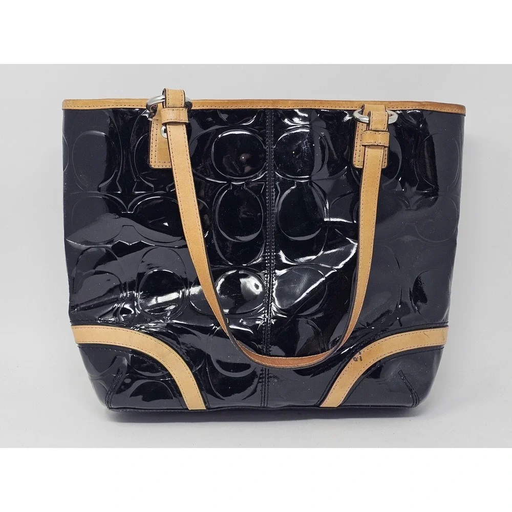 Coach Tote Bag Womens Medium Black Signature C Patent Leather Shoulder Purse